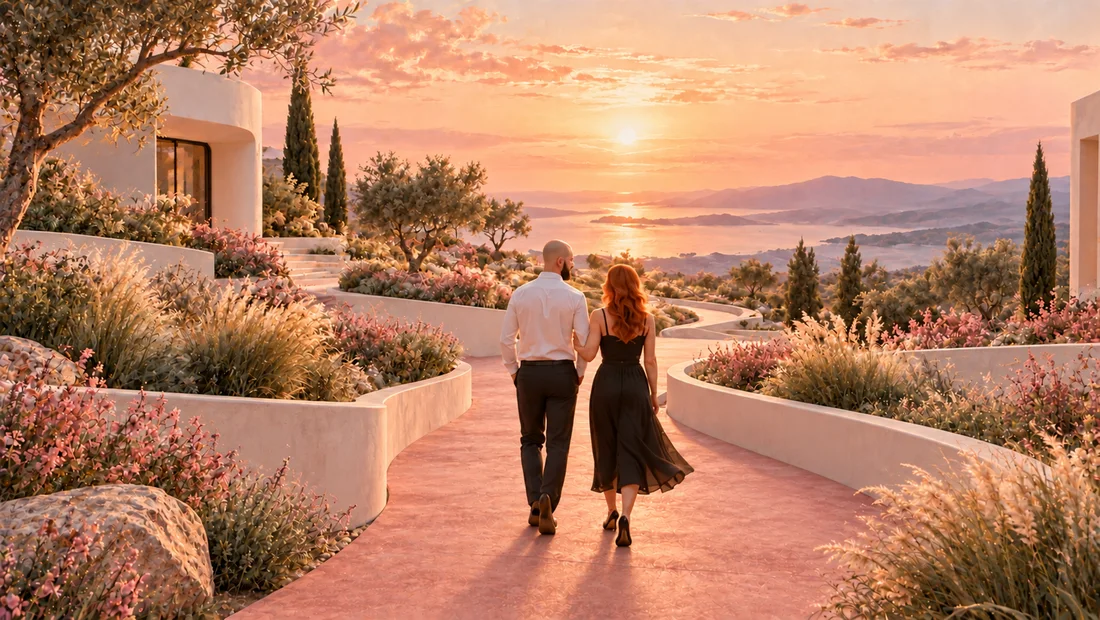 Ginger vrouw in zwarte jurk en kale man in witte blouse lopen naar de horizon in Modern pad