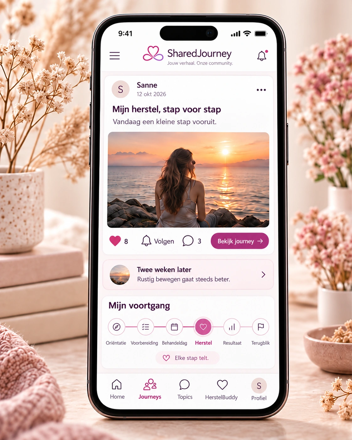 Fictief Journey-verhaal met foto en zesfasenbalk op een telefoon